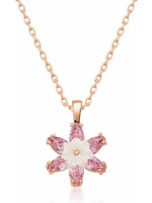 925 Ayar Gümüş Rose Pembe Lotus Çiçeği Kolye