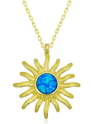 ​925 Ayar Gümüş Mavi Opal Taşlı Güneş Kadın Gümüş Kolye