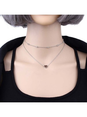 Sinerjim Gümüş Renk Gerdanlık Kolye Kadınlar İçin Top Zincir Kalp Kolye SNJ-2036