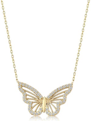 Sinerjim Altın Renk Kolye Zirkon Taşlı Kelebek Bayan Çelik Kolye SNJ-1054