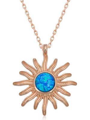 ​925 Ayar Gümüş Rose Mavi Opal Taşlı Güneş Kadın Kolye