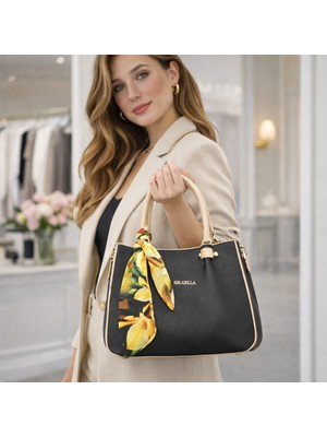 Siyah Bej Kadın El ve Omuz Çantası Fular Detaylı Şık Günlük Kullanım Geniş Iç Hacimli Modern Tasarım – Sudedi Home