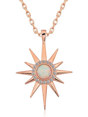 925 Ayar ​gümüş Rose Beyaz Opal Taşlı Kutup Yıldızı Kolye