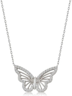 Sinerjim Gümüş Renk Kolye Zirkon Taşlı Kelebek Bayan Çelik Kolye SNJ-1053