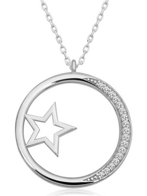 925 Ayar Gümüş Yıldız Detaylı Halka Kadın Gümüş Kolye