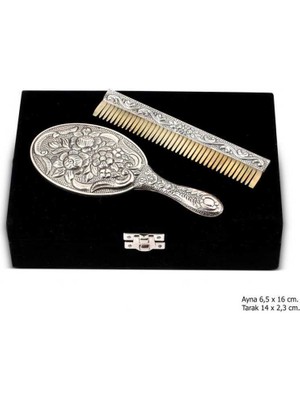 Manolya Motifli Ayna Tarak Gümüş Set