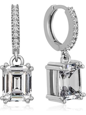 Gümüş Baget Taşlı Halka Küpe