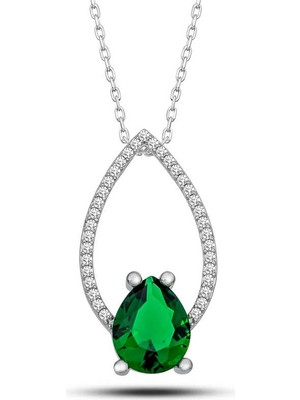 Gümüş Yeşil Taşlı Damla Kadın Kolye