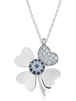 925 Ayar Gümüş Nazarlı Dört Yapraklı Yonca Kadın Gümüş Kolye