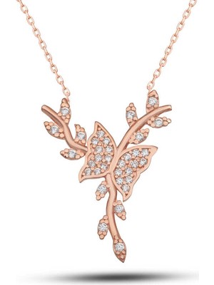 925 Ayar Gümüş Rose Daldaki Kelebek Kadın Kolye