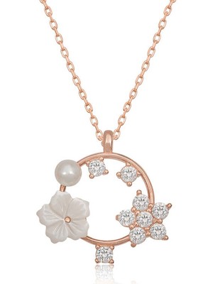 Gümüş Rose Manolya Çiçeği Yıldız Kadın Kolye