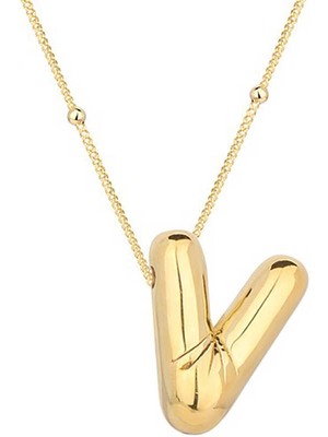 925 Ayar Gümüş Gold Balon V Harfi Kadın Kolye