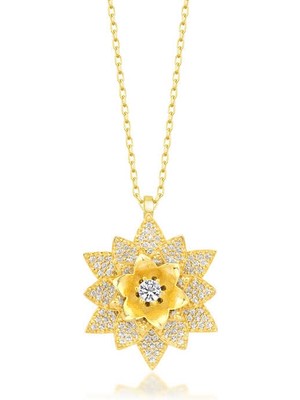 925 Ayar Gümüş Gold Beyaz Taşlı Lotus Çiçeği Kadın Kolye
