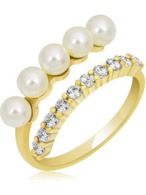 Gümüş Gold Ayarlanabilir Inci Taşlı Kadın Yüzük