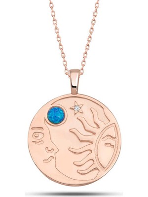 925 Ayar Gümüş Rose Opal Mavi Taşlı Ay Güneş Kadın Kolye