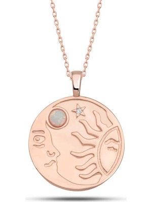 925 Ayar Gümüş Rose Opal Beyaz Taşlı Ay Güneş Kadın Kolye