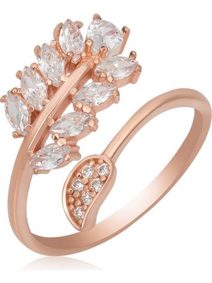 Gümüş Rose Ayarlanabilir Beyaz Taşlı Yaprak Kadın Yüzük