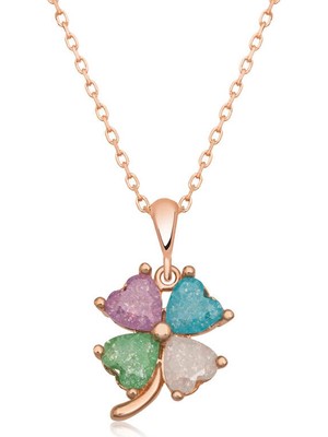 925 Ayar Gümüş Rose Renkli Taşlı Yonca Kadın Gümüş Kolye