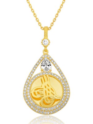 925 Ayar Gümüş Gold Kaplama Damla Tuğralı Kadın Kolye