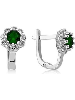 Gümüş Yeşil Çiçek Desenli Yuvarlak J Kadın Küpe