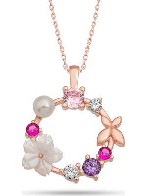 925 Ayar Gümüş Rose Manolya Çiçeği Kelebek Kadın Kolye