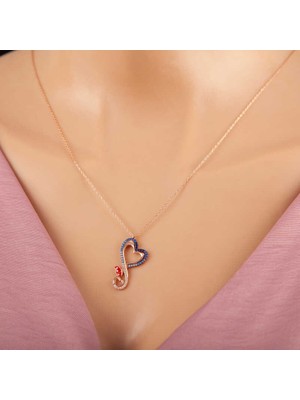 Gümüş Rose Kalpli Kelebek Kadın Kolye