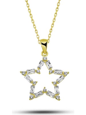 ​925 Ayar Gümüş Gold Baget Taşlı Yıldız Kadın Kolye