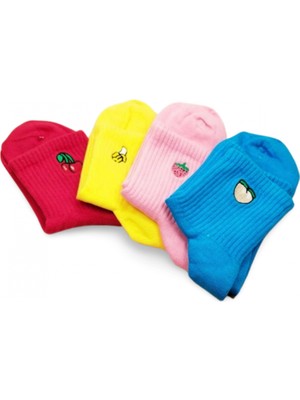 Marsilyan Rengarenk Neşeli Meyve Baskılı Kadın Soket Çorap 4 Çift