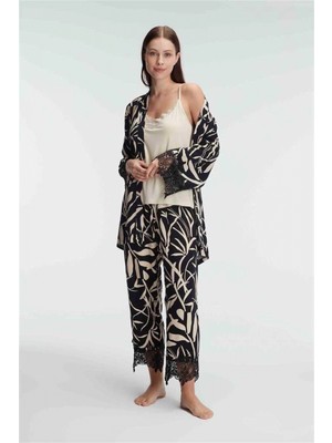 Marsilyan Ip Askılı V Yaka Viskon Tropikal Yazlık Örme Dantel Detaylı Pijama Sabahlık Takımı