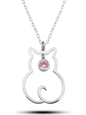 925 Ayar Gümüş Ekim Ayı Doğum Taşı Kedi Kadın Kolye