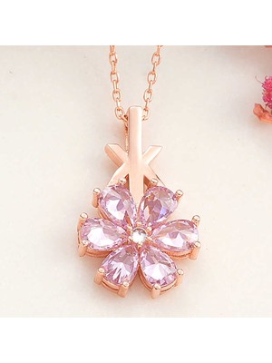 925 Ayar Gümüş Rose Pembe Sevgi Çiçeği Kadın Kolye