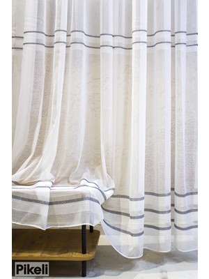 Pikeli - Antrasit Şeritli Bambu Tül Perde - 1x3 Sık Pile - Hazır Dikim