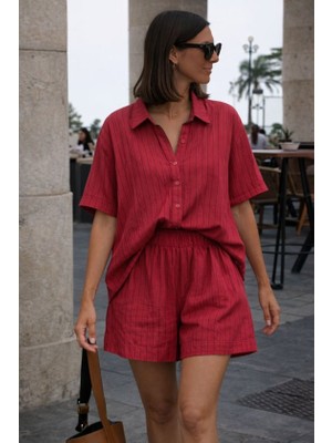 Kendim Fashion Kadın Kısa Kollu Çizgili Modal Kumaş Gömlek ve Yüksek Bel Lastik Detay Şort Ikili Takım