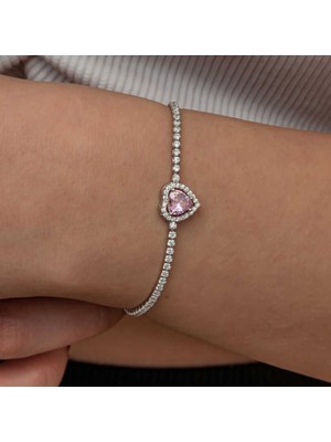 Gümüş Pembe Taşlı Kalpli Su Yolu Bileklik