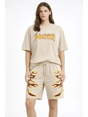 Equri Bej Oversize Baskılı Tişört Şort Takım Cepli Şort Yazlık Rahat Günlük Kombin - Bej