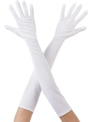 Marsilyan Beyaz Renk Dirseğe Kadar Uzun Kumaş Eldiven 40 cm