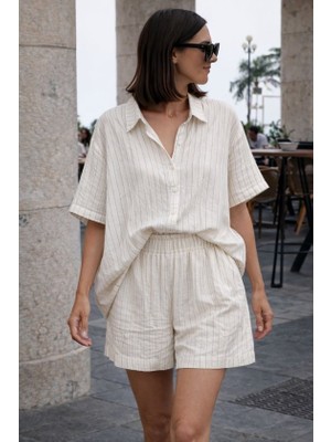 Kendim Fashion Kadın Kısa Kollu Çizgili Modal Kumaş Gömlek ve Yüksek Bel Lastik Detay Şort Ikili Takım