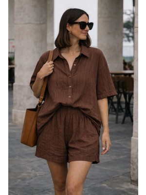 Kendim Fashion Kadın Kısa Kollu Çizgili Modal Kumaş Gömlek ve Yüksek Bel Lastik Detay Şort Ikili Takım