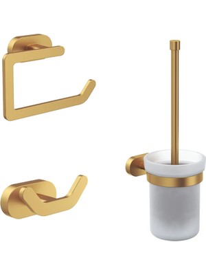 Line Bathroom Venüs Tuvalet Kağıtlığı, Askılık ve Tuvalet Fırçası Set, Mat Altın