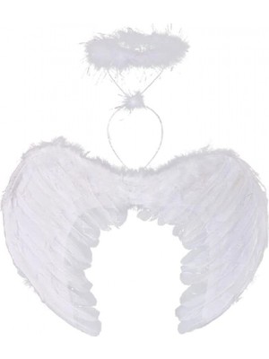 Marsilyan Beyaz Renkli Tüylü Bebek Melek Kanadı ve Tacı 30X45 cm