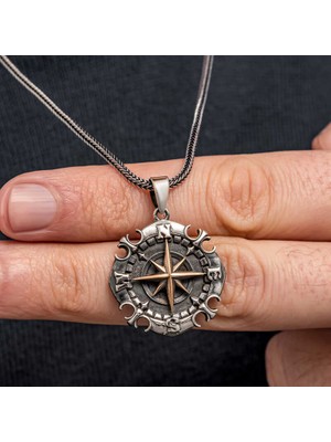 Gümüş Oksitli Pusula Erkek Kolye