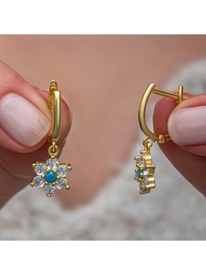 Gümüş Mavi Taşlı Gold Çiçek Kadın Küpe