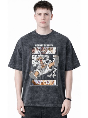Sevbano Tasarım Monkey D. Luffy Gear 5 One Piece Anime Baskılı Unisex Oversize Eskitme Yıkamalı Tişört