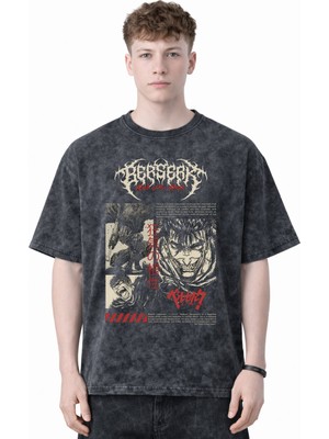Sevbano Tasarım Berserk Guts Anime Baskılı Unisex Oversize Eskitme Yıkamalı Tişört