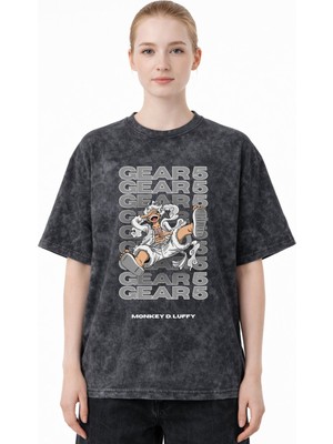 Sevbano Tasarım Monkey D. Luffy Gear 5 One Piece Anime Baskılı Unisex Oversize Eskitme Yıkamalı Tişört