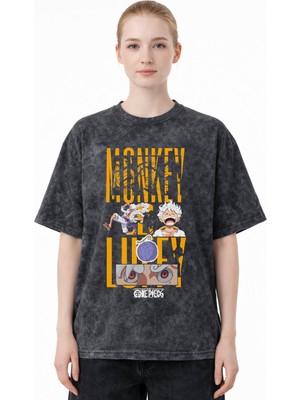 Sevbano Tasarım Monkey D. Luffy One Piece Anime Baskılı Unisex Oversize Eskitme Yıkamalı Tişört