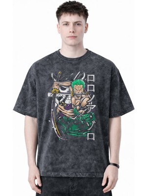 Sevbano Tasarım Roronoa Zoro One Piece Anime Baskılı Unisex Oversize Eskitme Yıkamalı Tişört