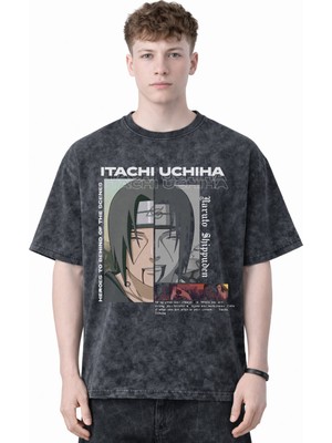Sevbano Tasarım Itachi Uchiha Naruto Anime Baskılı Unisex Oversize Eskitme Yıkamalı Tişört