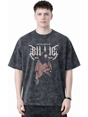 Sevbano Tasarım Billie Eilish Happier Than Ever Şarkıcı Baskılı Unisex Oversize Eskitme Yıkamalı Tişört