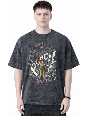 Sevbano Tasarım One Punch Man Saitama Anime Baskılı Unisex Oversize Eskitme Yıkamalı Tişört